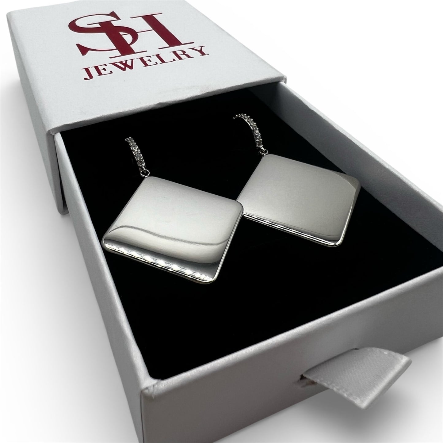 Silver Erika geometric square earrings in SH Jewelry' branded box