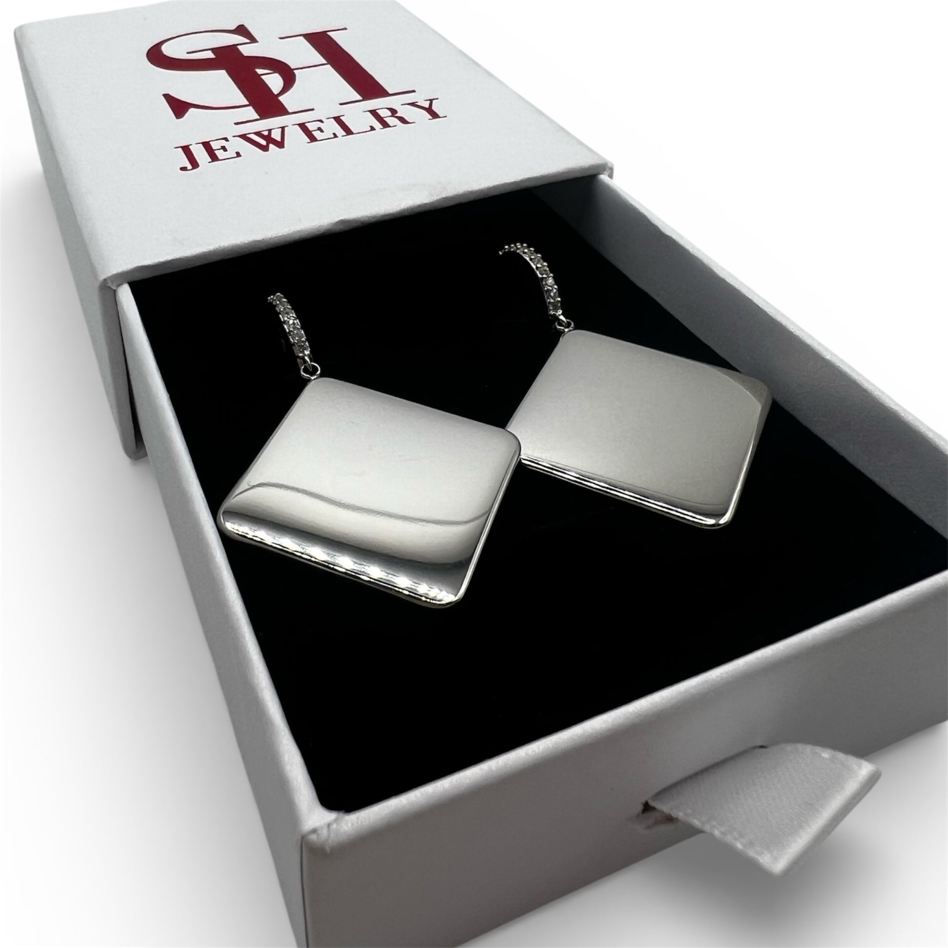 Silver Erika geometric square earrings in SH Jewelry' branded box